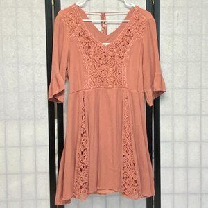 Maurices Ruffled 3/4 Sleeve V Neck Crochet Bodice Open Back Tie Crinkle Dress L